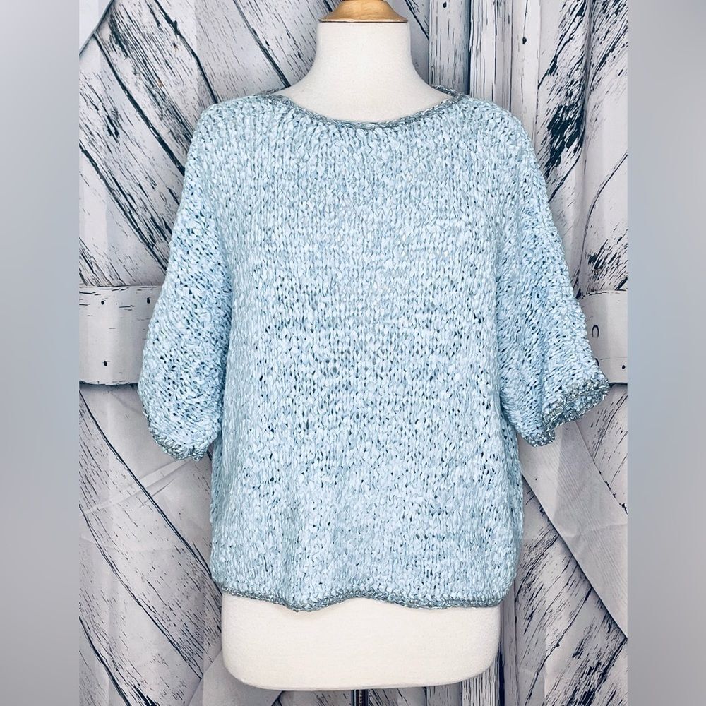 Ribbon knit wide cut top Blue & Gray M